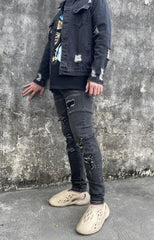 Black Worn In Wash Ripped & Heavy Distressed Skinny Denim