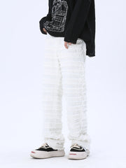 White 3D Distressed Raw Edge Stacked Straight Leg Denim