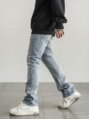 Light Blue Faded Wash Distressed Stacked Flare Leg Denim