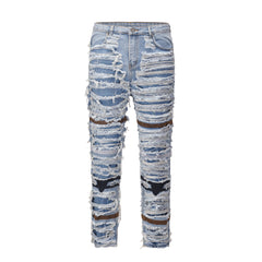 Blue Heavy Distressed Embroidered Thread Stacked Leg Denim
