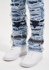 Blue Heavy Distressed Embroidered Thread Stacked Leg Denim