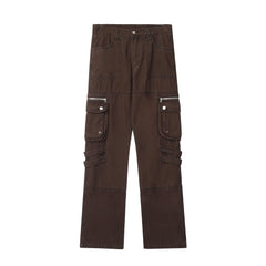 Brown Dual Zip & Snap Cargo Flare Leg Twill Pants