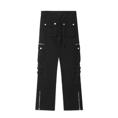Black Dual Zip & Snap Cargo Flare Leg Twill Pants