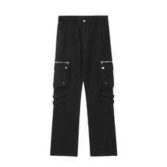 Black Dual Zip & Snap Cargo Flare Leg Twill Pants