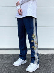 Navy Blue Collegiate Emblem Stripe Velour Track Pants