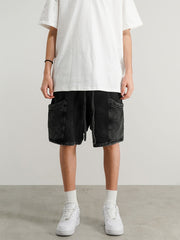 Black Vintage Wash Patch Pocket Drawstring Shorts