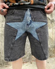 Black Vintage Wash Star Panel Denim Shorts
