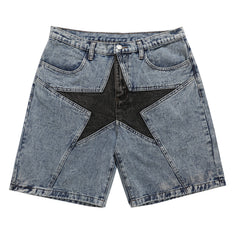 Blue Vintage Wash Star Panel Denim Shorts