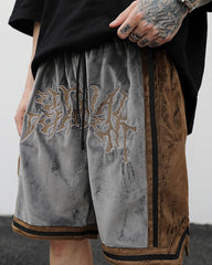 Grey & Brown Front Script Velour Shorts