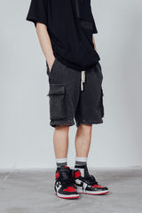 Black Vintage Wash Distressed Cargo Shorts