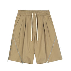 Khaki Dual Side Zip Twill Shorts