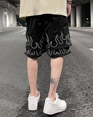 Black Dual Layer Flame Embroidered Mesh Basketball Shorts