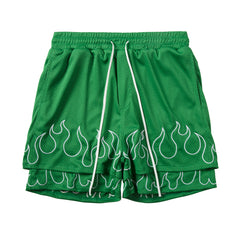 Green Dual Layer Flame Embroidered Mesh Basketball Shorts