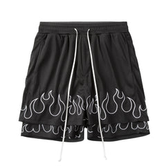 Black Dual Layer Flame Embroidered Mesh Basketball Shorts