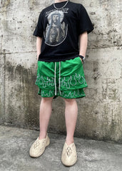 Green Dual Layer Flame Embroidered Mesh Basketball Shorts