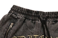 Black Vintage Wash Front Embroidered & Patched Denim Shorts