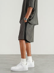 Dark Grey Contrast Side Stripe Micro-Suede Shorts