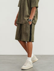 Army Green Contrast Side Stripe Micro-Suede Shorts