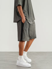 Dark Grey Contrast Side Stripe Micro-Suede Shorts