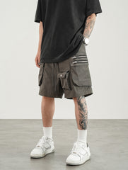 Grey Dual Zip & Snap Multi-Pocket Tech Shorts