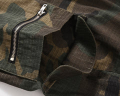 Camo Drawstring Waist Dual Flap & Zip Cargo Ripstop Shorts