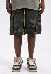 Camo Drawstring Waist Dual Flap & Zip Cargo Ripstop Shorts