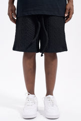 Black Drawstring Waist Twisted Cord Cable Knit Shorts