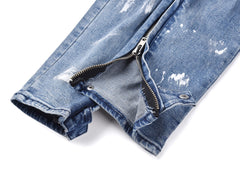 Light Blue Distressed Zip & Snap Skinny Denim