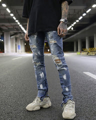 Light Blue Distressed Zip & Snap Skinny Denim