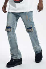 Light Blue Ripped Indigo Patched Paint Drip Straight Leg Denim