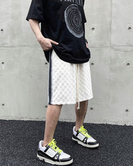 White 3D Checkered Drawstring Front & Side Stripe Shorts