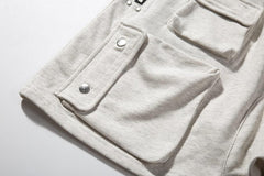 White Drop Crotch Dual Zip & Snap Multi-Pocket Shorts