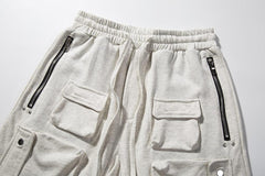 White Drop Crotch Dual Zip & Snap Multi-Pocket Shorts