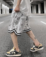 White Paisley Print Drawstring Waist Shorts