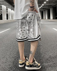 White Paisley Print Drawstring Waist Shorts