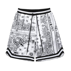 White Paisley Print Drawstring Waist Shorts