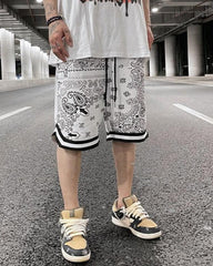 White Paisley Print Drawstring Waist Shorts